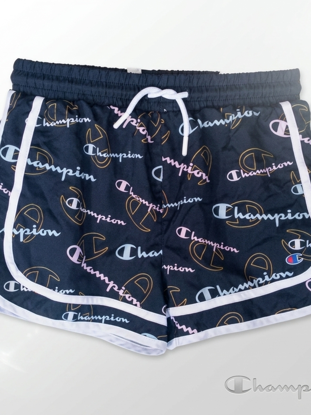 Champion Women's Navy Athletic Shorts with Pastel Script Logo